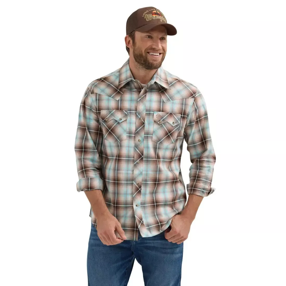 Wrangler Men's Big & Tall Retro Brown & Turquoise Plaid Western Shirt